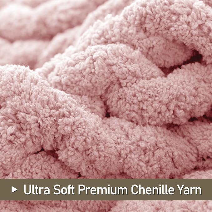 Chunky Knit Throw Blanket 50"X 60", 100% Handmade with Soft Chenille Yarn, 4.4lbs Thick Cable Knitted Blankets, Large Rope Knot Crochet Throws for Couch Sofa Bed Home Decor, Dusty Pink