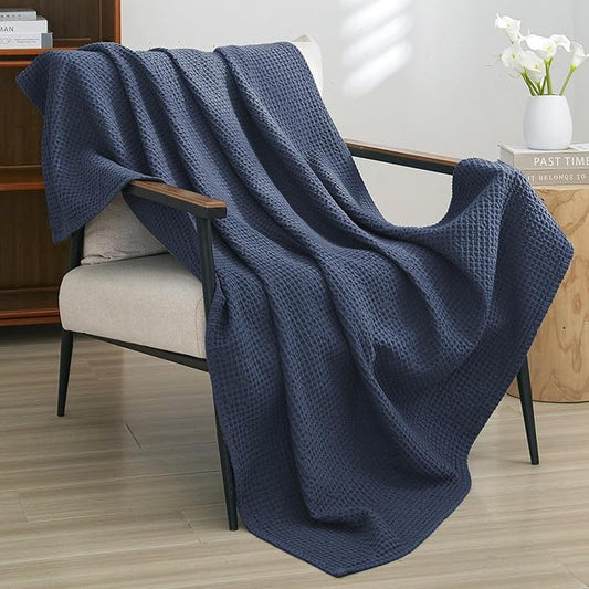 PHF Pre-Washed Cotton Waffle Weave Blanket Throw Size for Bed Couch,Snag Proof Spring Summer Lightweight Breathable,Oeko-TEX Certified,Machine Washable, Home Decor Gift，Dark Navy