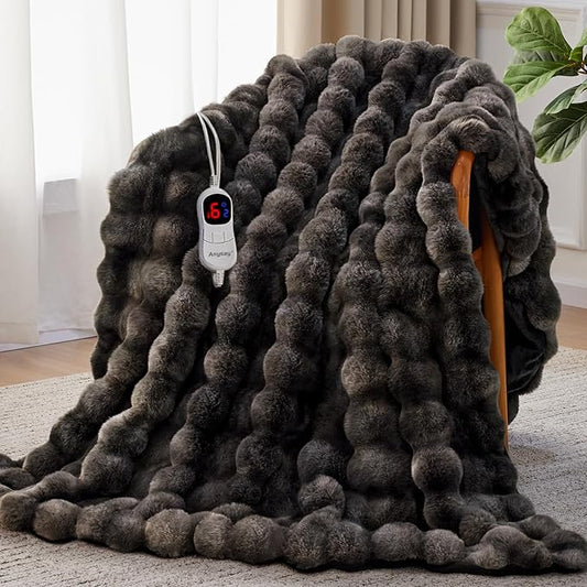 Heated Blanket Throw with 1/2/4/6/8 Hours Auto-Off 10 Heat Level, 62'' * 84'' Cozy Faux Rabbit Fur Bubble Electric Blanket with Overheat Protection(Tie-Dye Dark Grey)
