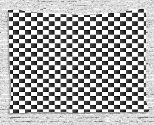 Ambesonne Checkered Tapestry, Monochrome Composition Classical Chessboard Inspired Abstract Tile Print, Wide Wall Hanging for Bedroom Living Room Dorm, 80" X 60", Grey White