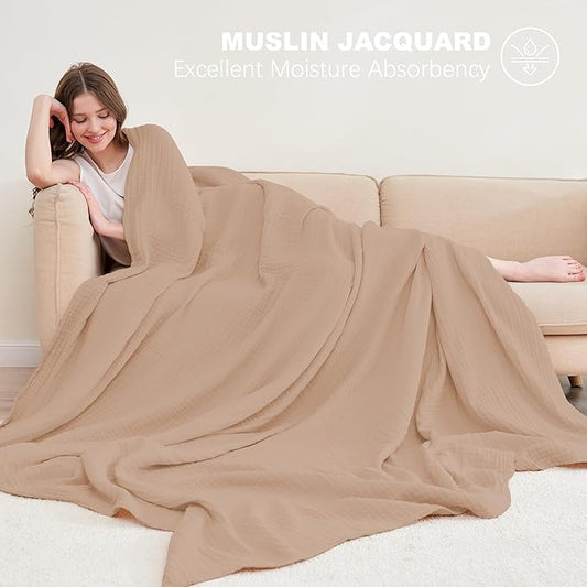 Cosy Family 6 Layer Muslin Bed Blanket - Breathable and Lightweight Gauze Boho Blanket for Spring, Soft 100% Cotton Muslin Blanket, Brown, 80x90 Inches