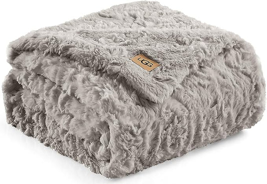 UGG Adalee Faux Fur Throw Blanket Luxury Lightweight Cozy Soft Throw for Couch Bed or Chair Hypoallergenic Machine Washable Double-Sided Fluffy Blanket Home Decor, 50-inch x 70-inch, Seal Grey