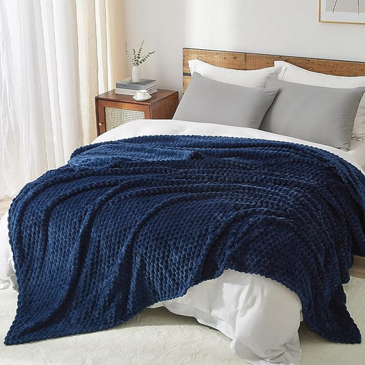 PHF Ultra Soft Flannel Fleece Blanket King Size, Lightweight 3D Jacquard Fleece Blanket, No Shedding, No Pilling, Luxury 340GSM Aesthetic Fluffy Cozy for Bed Room Decor, 108"x90", Navy Blue