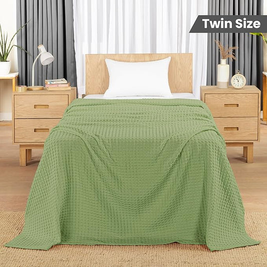 Utopia Bedding Sage Green 100% Cotton Waffle Blanket 300 GSM [Twin - 90x72 Inch] Soft Lightweight Breathable Bed Blanket for All Season