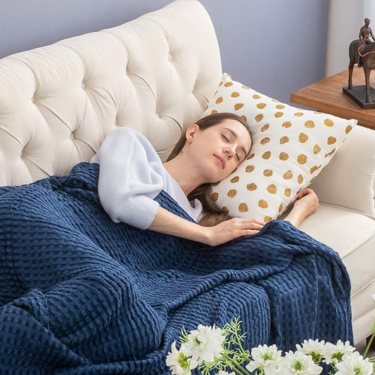 Bedsure Cooling Cotton Waffle Queen Size Blanket - Lightweight Breathable Summer Blanket of Rayon Derived from Bamboo for Hot Sleepers, Luxury Throws for Bed, Couch and Sofa, Navy, 90x90 Inches