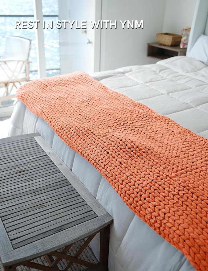 YnM Chunky Throw Blanket, Medium-Weight, Hand Knitted, Skin Friendly, Ventilated and Breathable, Machine Washable, Home Décor Piece for Couch, Sofa and Bed (Exotic Orange, 40x50 Inch)