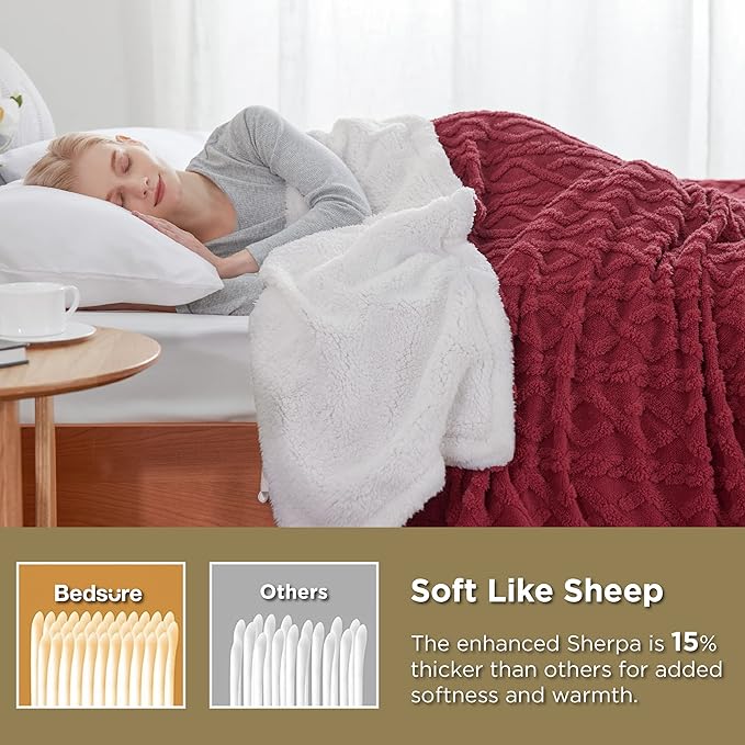 Bedsure Sherpa Fleece Blanket Twin Size for Bed - Fuzzy Soft Cozy Cable Throw for Couch, Thick Warm Blankets for Winter, Red, 60x80 Inches