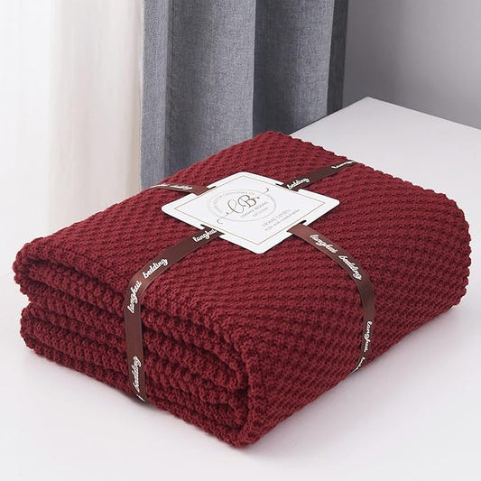 Longhui bedding Wine Red Knitted Throw Blanket for Couch, Cozy Machine Washable 100% Cotton Sofa Knit Bed Blankets, Heavy 4.0lb Weight, 60 x 80 Inches, Laundry Bag Included, Burgundy Color.