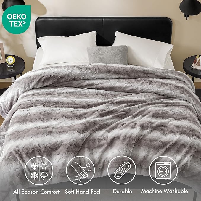 Zuri Ultra-Soft Poly Fur Blanket, Reversible Plush, All Season & Lightweight Fuzzy Blanket for Bed, Couch & Sofa, Twin/Twin XL, Grey