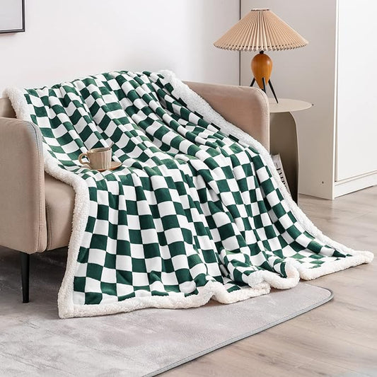 LOMAO Sherpa Throw Blanket Fleece Blanket with Checkered Pattern Soft Thick Blanket for Couch, Bed, Sofa Luxurious Warm and Cozy for All Seasons (Green, 60"x80")