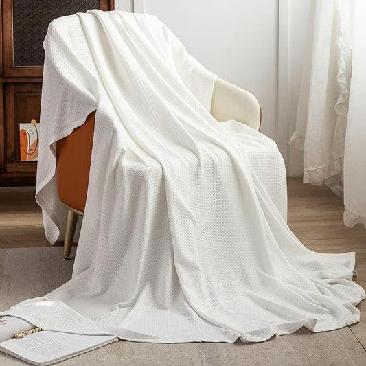 AmyHomie Cooling Blanket Queen Size, 100% Rayon Derived from Bamboo Waffle Blanket, Cool Summer Blanket for Hot Sleepers Soft Comfy Lightweight Blankets for All Seasons(White, 90×90in)