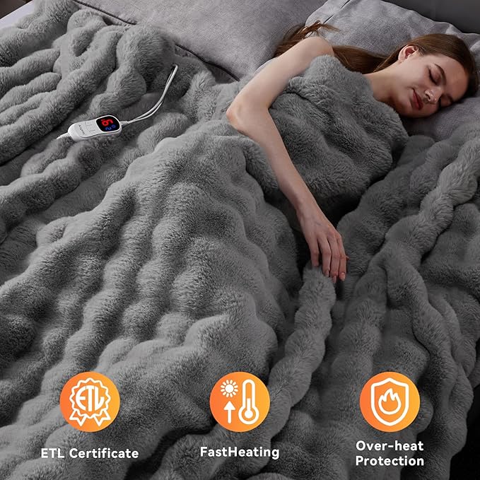 Heated Blanket Throw with 1/2/4/6/8 Hours Auto-Off 10 Heat Level, 72'' * 84'' Cozy Faux Rabbit Fur Bubble Electric Blanket with Overheat Protection(Light Grey)