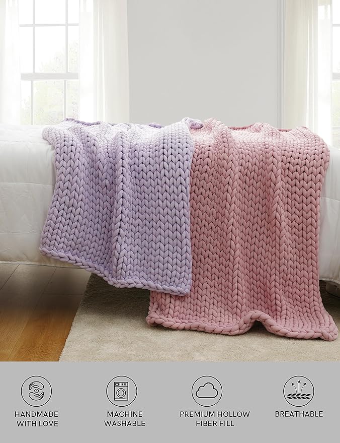 YnM Chunky Throw Blanket, Medium-Weight, Hand Knitted, Skin Friendly, Ventilated and Breathable, Machine Washable, Home Décor Piece for Couch, Sofa and Bed (Iris Lavender, 50x70 Inch)