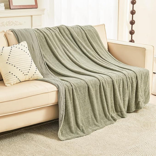 EMME Muslin Cotton Fleece Throw Blanket Reversible - 50"*60" Sage Green Soft Warm Throw Blankets for Couch Bed Picnic Travel Bed