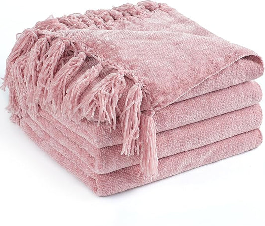 Chenille Throw Blanket for Couch 50"X 60", Soft Cozy Throws with Fringe Tassel for Bed Sofa Chair, Lightweight Knitted Decorative Farmhouse Boho Blankets for Gift, Dusty Pink