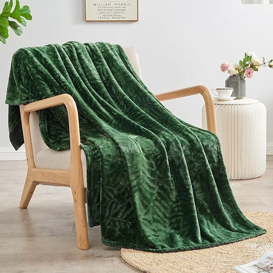 SOCHOW Super Soft Flannel Fleece Throw Blanket, Lightweight Cozy Warm Leaves Textured Plush Blanket for Bed Couch Sofa, 60 x 80 Inches, Olive Green