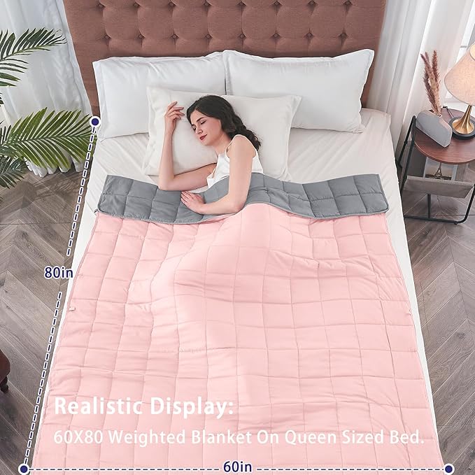 yescool 20lbs Pink Grey Weighted Blanket for Adults 60"x80", Cooling, Heavy, Breathable with Glass Beads, Queen Size, Machine Washable