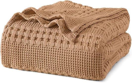 PHF 100% Cotton Waffle Weave Blanket King Size, Soft Lightweight Breathable Cozy Summer Blankets for Bed, Luxury Aesthetic Woven Bedding for Home Decor, 108"x90", Camel