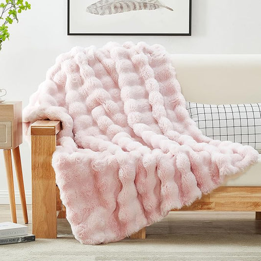 JONIYEAR Decorative Bubble Faux Rabbit Faux Fur Blanket Twin Size 60" x 70", Oversized Soft Double Sided Cozy Thick Warm Fuzzy Throw for Winter,Lovely Cute Washable Furry Blankets for Women Girl, Pink