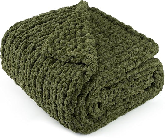 Chunky Knit Throw Blanket 50"X 60", 100% Handmade with Soft Chenille Yarn, 4.4lbs Thick Cable Knitted Blankets, Large Rope Knot Crochet Throws for Couch Sofa Bed Home Decor, Olive Green