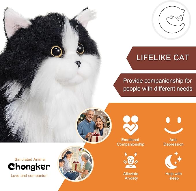 Chongker Stuffed Animals Handmade Realistic Cat Plush Toy Companion Pet for Elderly Adults Women Kids Cat Lover Surprise Gifts for Anniversary Birthday
