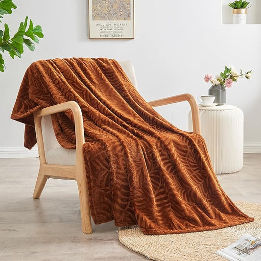 SOCHOW Super Soft Flannel Fleece Bed Blanket, Lightweight Cozy Warm Leaves Textured Plush Blanket as Bedspread Coverlet Bed Cover for All Seasons, 90 x 90 Inches, Caramel