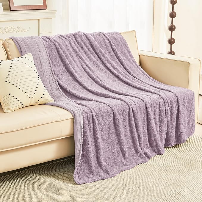 EMME Muslin Cotton Fleece Queen Blanket Reversible - 80"*90" Lavender Soft Warm Throw Blankets for Couch Bed Picnic Travel Bed