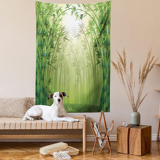 Ambesonne Forest Tapestry Twin Size, Image of Exotic Trees in Rain Forest Far Eastern Wildlife Tropical Nature Inspired, Wall Hanging Bedspread Bed Cover Wall Decor, 68" X 88", Green and White
