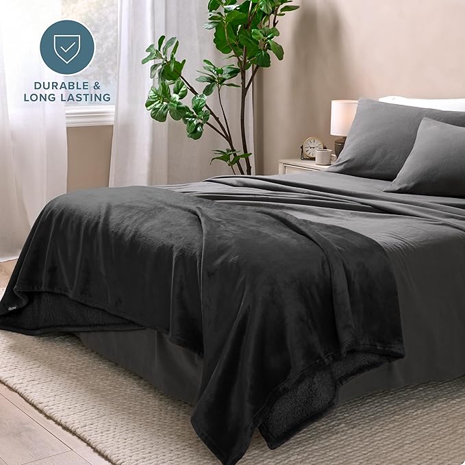 Bare Home Sherpa Fleece Blanket - King Size - Blanket for Bed, Sofa, and Couch - Warm & Lightweight - Fluffy & Soft - Reversible (King, Black - Black)