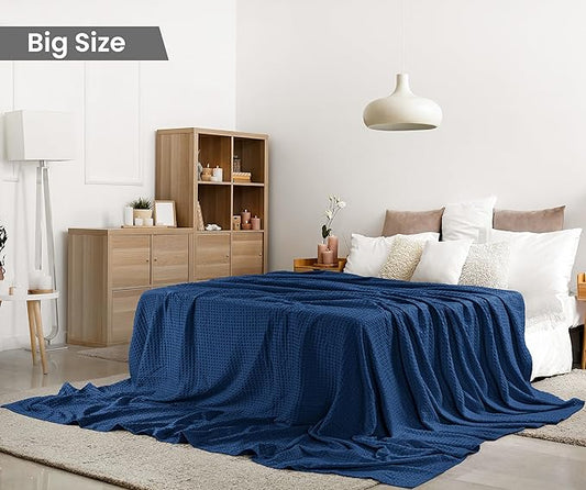 Utopia Bedding Navy 100% Cotton Waffle Blanket 300 GSM [Big - 120x120 Inch] Soft Lightweight Breathable Bed Blanket for All Season