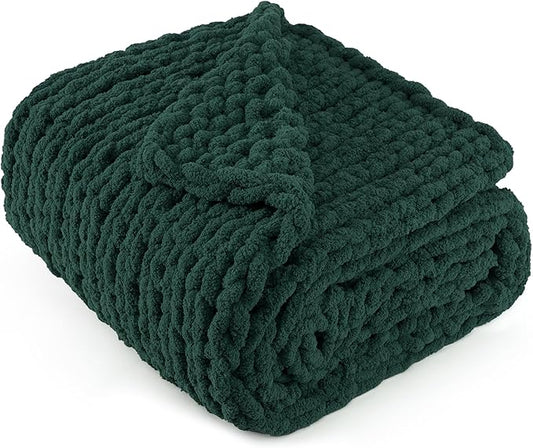 Chunky Knit Throw Blanket 60"X 80", 100% Handmade with Soft Chenille Yarn, 4.4lbs Thick Cable Knitted Blankets, Large Rope Knot Crochet Throws for Couch Sofa Bed Home Decor, Dark Green