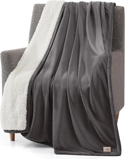 UGG Bliss Throw Blanket Plush Soft Fleece Fluffy Blankets for Bed or Couch Oversized Warm Reversible Machine Washable Medium Weight Home Decor Giftable Throw, 50-inch x 70-inch, Charcoal Grey