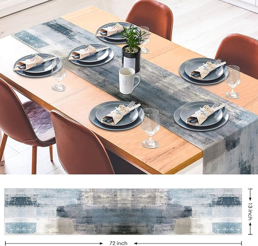 Emvency Farmhouse Table Runner, Vintage Blue and Grey Abstract Art Painting for Kitchen Coffee Table Family Dinners Holiday Parties Wedding Events Decor(13x72 inch)