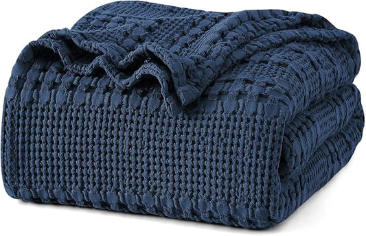 PHF 100% Cotton Waffle Weave Blanket Twin Size, Soft Lightweight Breathable Cozy Summer Blankets for Bed, Luxury Aesthetic Woven Bedding for Home Decor, 66"x90", Bright Navy Blue
