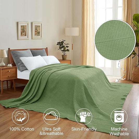 PHF Pre-Washed Cotton Waffle Weave Family Blanket,Oversized King Size 120"x 120"-Snag Proof Lightweight Breathable, 10'x 10' Huge Extra Large Big-Elegant Aesthetic Home Decoration Gift,Loden Green
