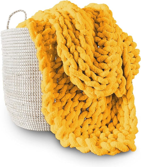 Adyrescia Chunky Knit Blanket Throw | 100% Hand Knit with Jumbo Chenille Yarn (40"x50", Harvest Yellow)