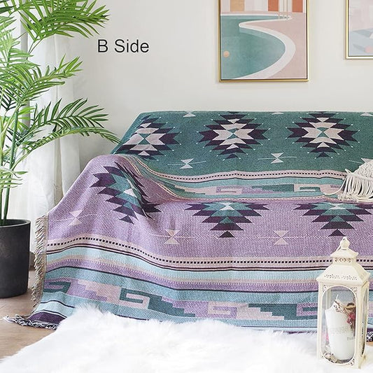 Luxlovery Bohemian Sofa Throw Blankets Ethnic Woven Boho Green and Orange Multicolor Throw Blanket for Couch Bed Throws Chair Sofa Cover with Tassels(63"x86")