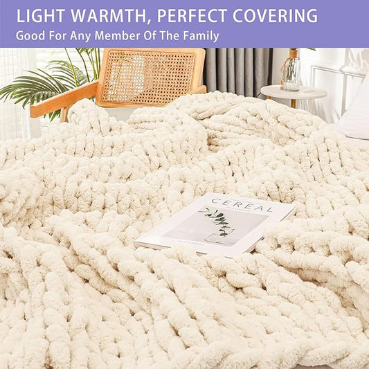 Bigacogo Chunky Knit Throw Blanket for Couch, 40x40 inches, 100% Hand Knitted with Thick Jumbo Chenille Yarn, Cozy Soft Large Rope Knot Cable Crochet Blankets for Sofa Bed Living Room, Beige