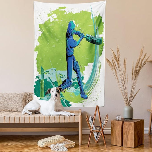 Ambesonne Sports Tapestry Queen Size, Cricket Player Pitching Win Game Champion Team Paintbrush Effect, Wall Hanging Bedspread Bed Cover Wall Decor, 88" X 88", Blue Turquoise
