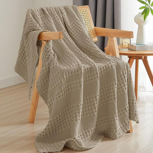 PHF 100% Cotton Waffle Weave Throw Blanket, Soft Lightweight Breathable Cozy Summer Throws for Couch Bed Sofa, Luxury Aesthetic Woven Blanket for Home Decor & Office, 50"x60", Simply Taupe