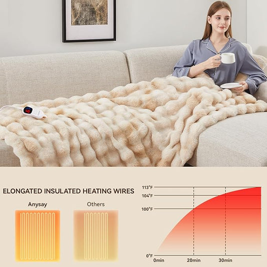 Heated Blanket Throw with 1/2/4/6/8 Hours Auto-Off 10 Heat Level, 50'' * 60'' Cozy Faux Rabbit Fur Bubble Electric Blanket with Overheat Protection(Beige)