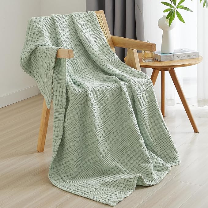 PHF 100% Cotton Waffle Weave Throw Blanket, Soft Lightweight Breathable Cozy Summer Throws for Couch Bed Sofa, Luxury Aesthetic Woven Blanket for Home Decor & Office, 50"x60", Sage Green