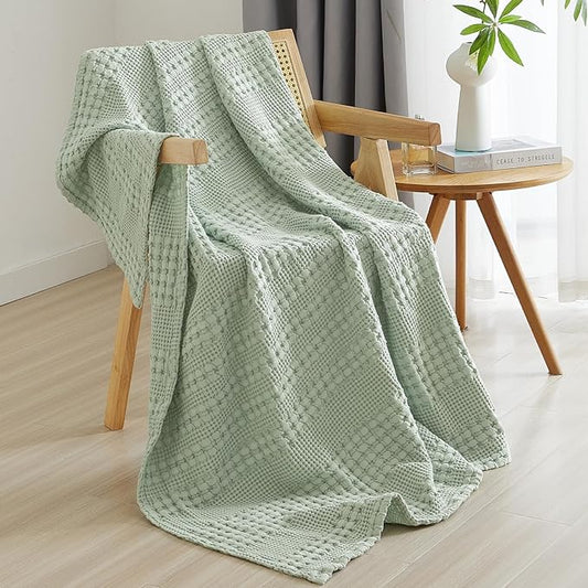 PHF 100% Cotton Waffle Weave Throw Blanket, Soft Lightweight Breathable Cozy Summer Throws for Couch Bed Sofa, Luxury Aesthetic Woven Blanket for Home Decor & Office, 50"x60", Sage Green