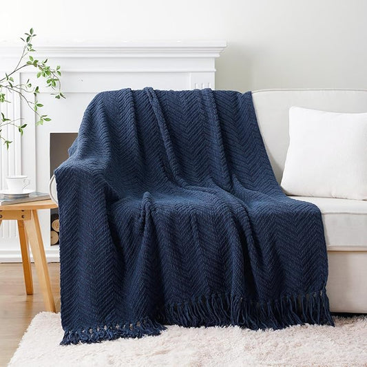 BATTILO HOME Navy Blue Throw Blanket for Couch, Knitted Blue Blanket Throw 50'' x 60'', Super Soft Warm Navy Throws for Chair Sofa Home Decor