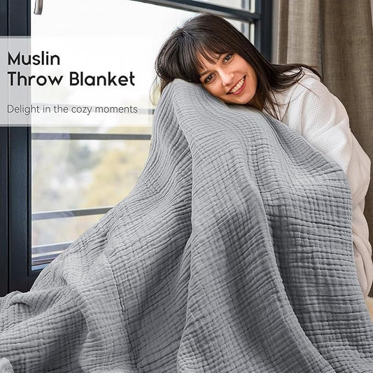 Yoofoss Muslin Blanket 100% Cotton Throw Large 50" x 60" for Bed Couch Summer Gauze Blanket for Adults Lightweight and Breathable Grey