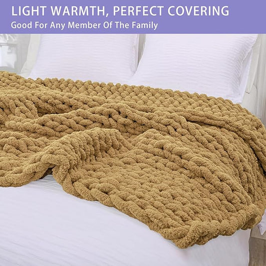 Bigacogo Chunky Knit Throw Blanket for Couch, 40x40 inches, 100% Hand Knitted with Thick Jumbo Chenille Yarn, Cozy Soft Large Rope Knot Cable Crochet Blankets for Sofa Bed Living Room, Goldenrod