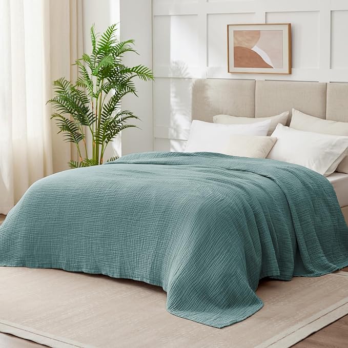 100% Cotton Muslin Blanket Twin XL 66" x 90", Breathable and Cooling Bed Blankets, Soft Boho Bedspread, Gauze Bedding for Adults All Season, Turquoise, Teal
