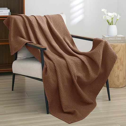 PHF Pre-Washed Cotton Waffle Weave Blanket Throw Size for Couch Bed,Snag Proof Spring Summer Lightweight Breathable,Oeko-TEX Certified,Machine Washable, Home Decor Gift，Cappuccino