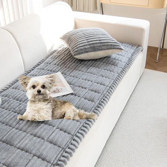 Faux Fur Plush Dog Couch Cover 3D Stripe Fuzzy Sofa Cover Non-Slip Fluffy Dog Bed Cover Pet Blanket Sofa Couch Furniture Protector for Puppy Large Dog Cat (Light Grey,31"x82")