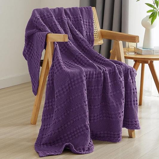 PHF 100% Cotton Waffle Weave Throw Blanket, Soft Lightweight Breathable Cozy Summer Throws for Couch Bed Sofa, Luxury Aesthetic Woven Blanket for Home Decor & Office, 50"x60", Grape